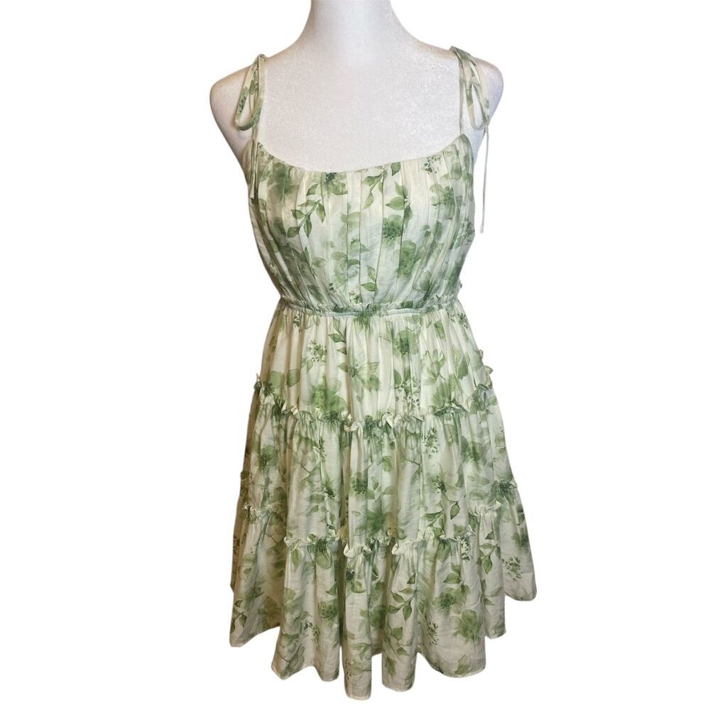 Blu Pepper Mini Dress Women's Size L Green White Floral Ruffle Fairy Coquette